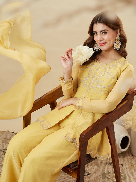Yellow Silk Embroidered Top Sharara Set with Dupatta | half view
