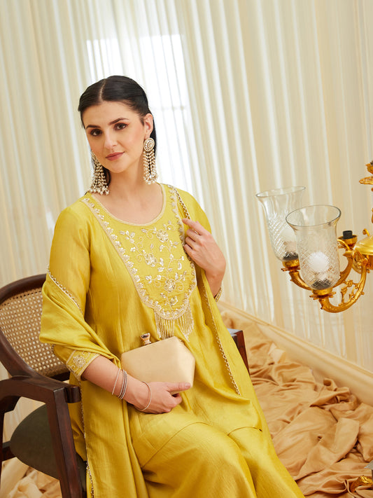 Yellow Silk Embroidered Top Sharara Set with Dupatta | oneside dupatta style view