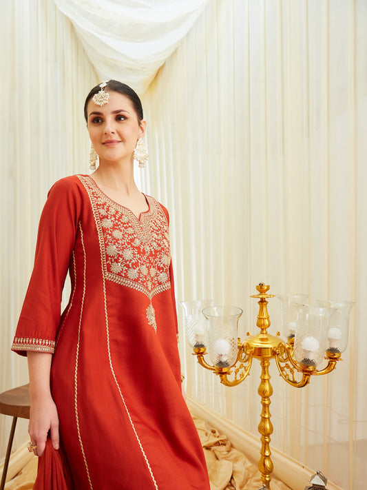 Rust Silk Embroidered Anarkali Kurta Set with Dupatta | without dupatta view