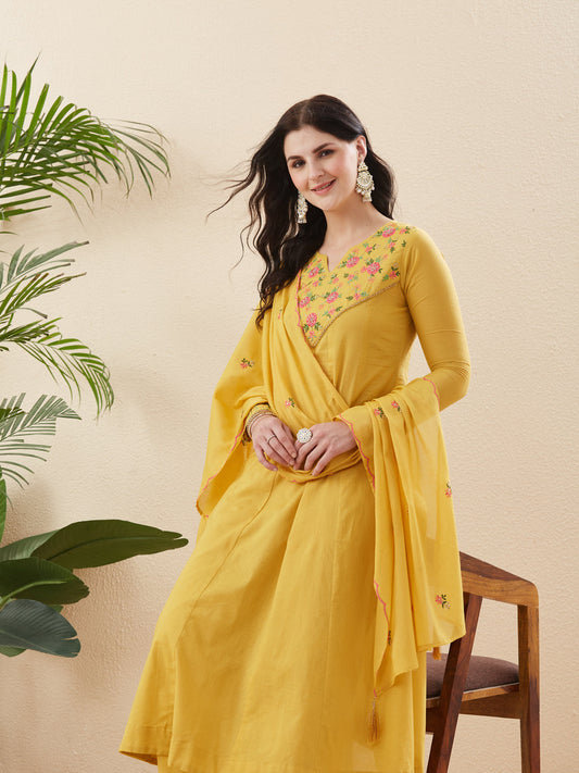 Women’s Yellow Embroidered Cotton Anarkali Kurta set With Dupatta