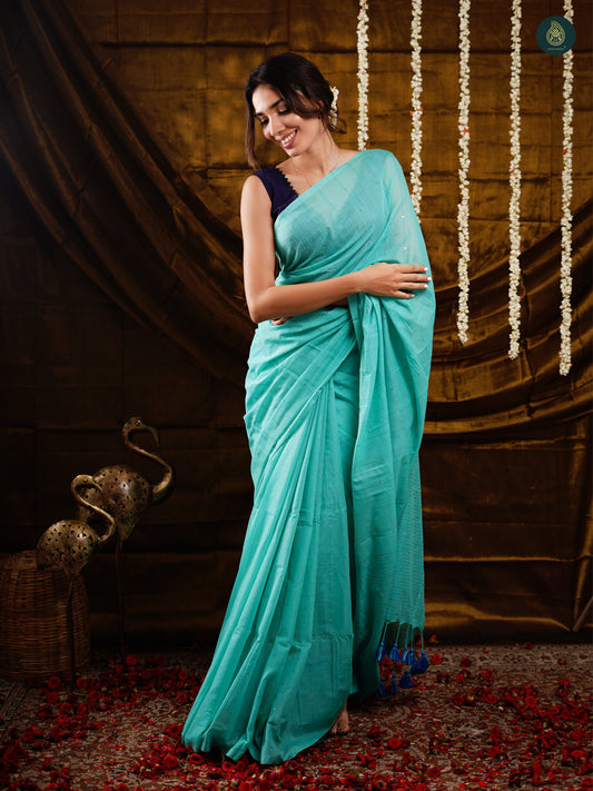 Oxford Blue Sequined Mul Cotton Saree