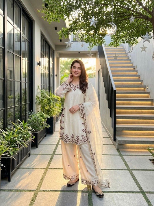 Sequence Designer Embroidery Work 3 Pc Kurta Palazzo Dupatta Set