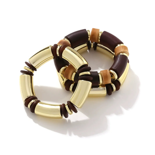 Bold Luxe Barrel Bead Bracelet – Gold & Earthy Brown Design JLTB0856 - Pack of 3