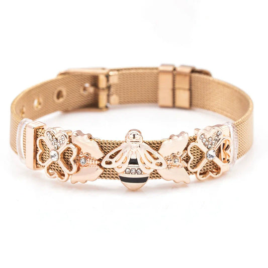 Just Lil Things Rose Gold Mesh Bracelet with Crystal-Accented Flower Charms JLTB0865