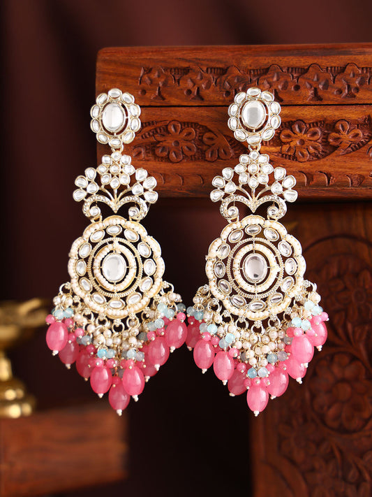 Blossom Elegance Pearl Kundan Combo Designed Pink Beads Drop Earrings