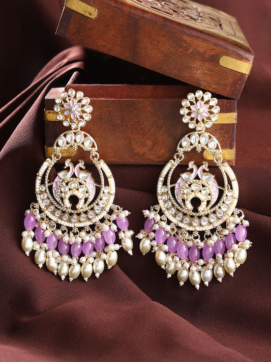 Blooming Flower Kundan Floral Lavender Gold Plated Chandbali Earrings