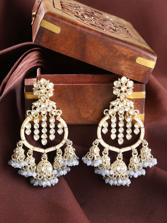 Grey Kundan Pearl Pattern MIni Jhumkis Gold Plated Chanbali Earrings