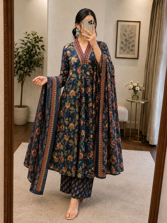 Soft Cotton Floral Print Work Flair Kurti Pant Dupatta Set (Ready to Wear)