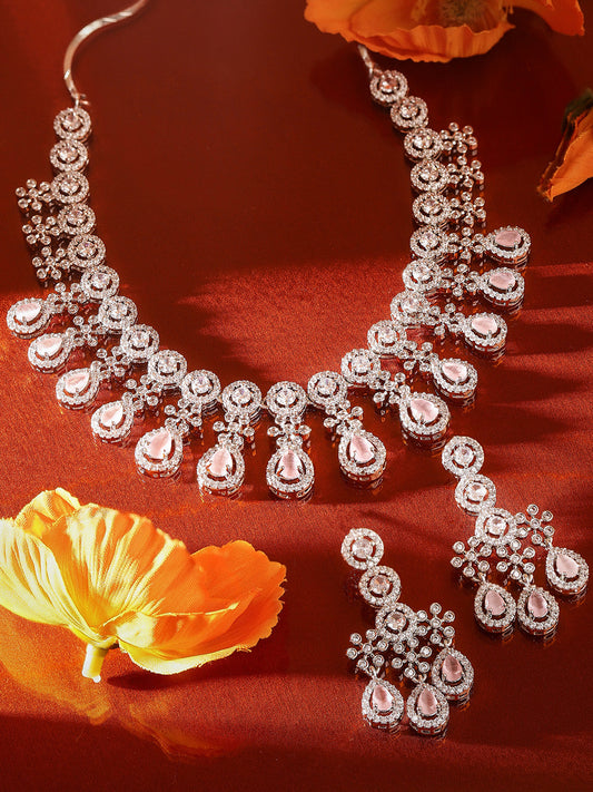 Pink Stoned Floral Design American Diamond Necklace and Drop Earrings Jewellery Set