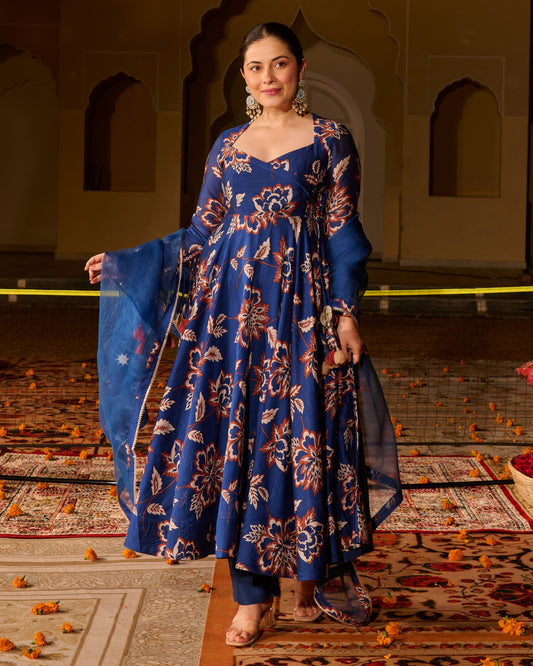 Saba Blue Printed Chanderi Suit Set