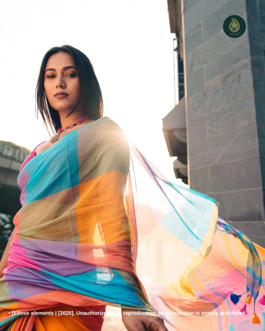 Woven Mul Cotton Handloom Saree - Designer Symphony Of Checks