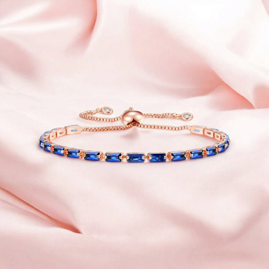 Tennis Bracelet| Rose Gold Plated Cubic Zirconia Adjustable Bracelet| Stylish Fashion Jewellery Gift for Girls & Women (Blue)