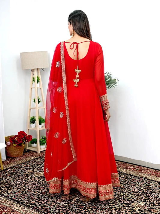Elegant Red Gown Dupatta set for Karwachauth (Stitched) - Premium from Ethenika.com - Just INR 2990! Shop now at Ethenika.com
