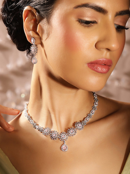 Pink Stoned American Diamond Silver Plated Necklace and Floral Drop Earrings Jewellery Set