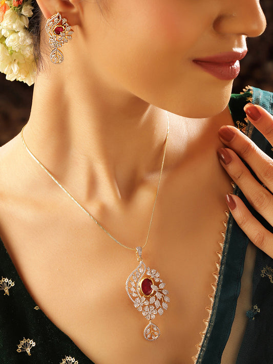 Red Stoned American Diamond Floral Pendant Gold Plated Drop Earrings Jewellery Set