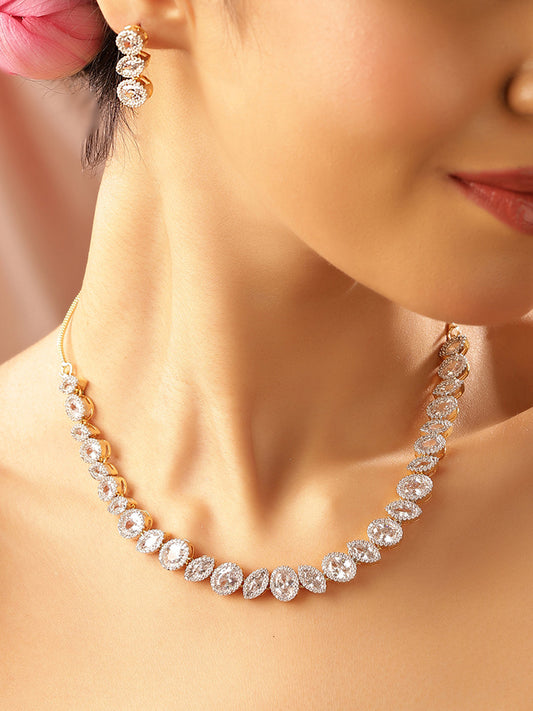 American Diamond Geometric Styled Gold Plated necklace and Drop Earrings Jewellery Set