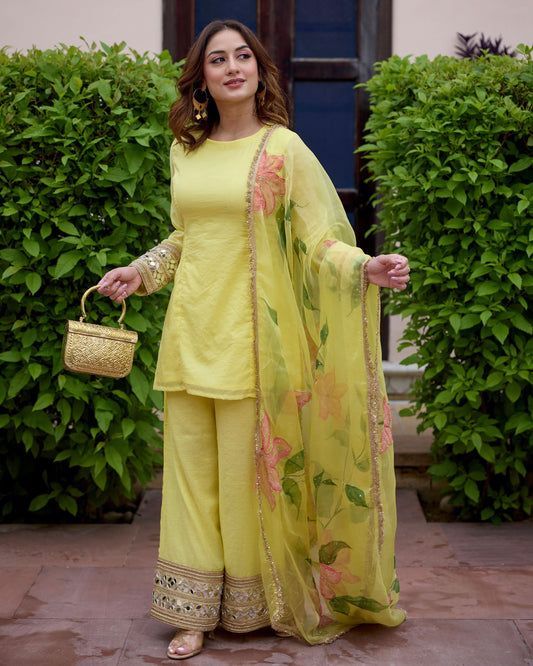 Jaswanti Yellow Handpainted Chanderi Suit Set