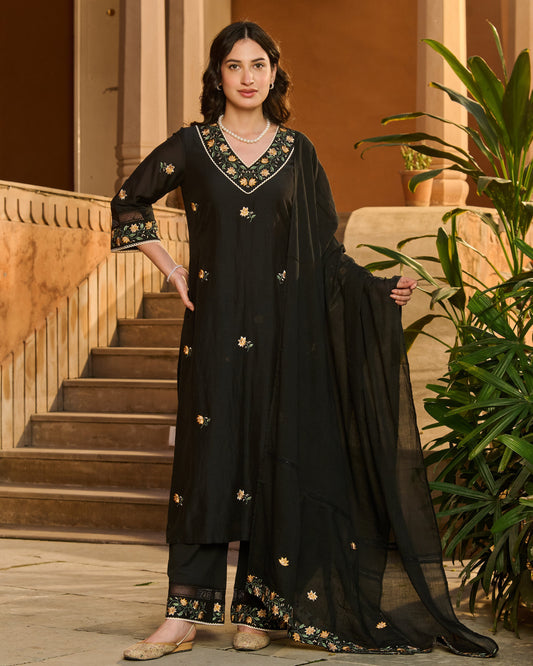 Bela Black Embroidered Cotton Suit Set
