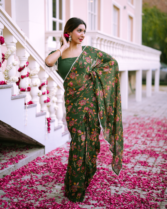 Kusum Green Printed Georgette Pre-draped Saree