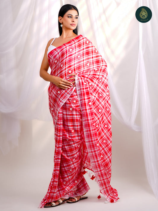 Checks Heart Mulmul Cotton Saree - Handpainted