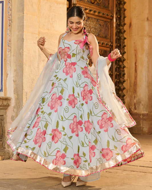 Astra Light Blue Printed Viscose Organza Suit Set