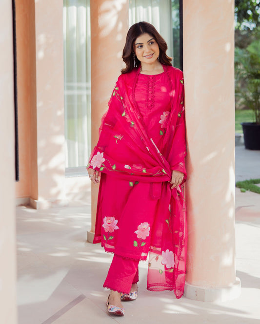 Meadow Magenta Handpainted Chanderi Suit Set