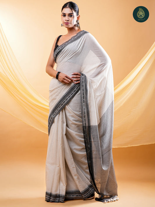 Stately Off-White - Mul Cotton Saree with Traditional Temple Border