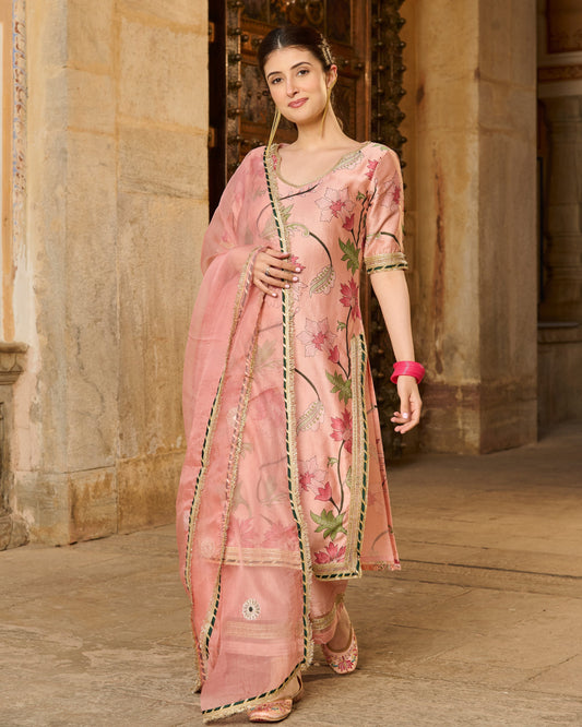 Pita Peach Printed Chanderi Suit Set