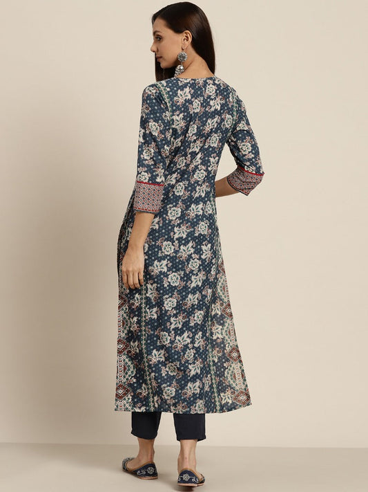 Women Navy Blue Pure Cotton Floral Print Straight Kurta