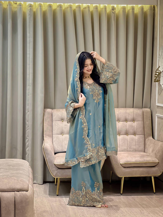 Silk Fabric Eid Special Designer Kurti Sharara Dupatta Set