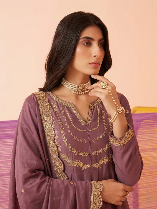 Maroon Embroidered Silk Blend Anarkali Kurta With Dupatta Set