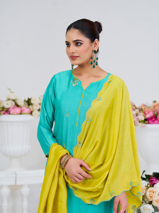 C-Green Embroidered Chinon Kurta with Dupatta Set | kurta sets for women | oneside dupatta view