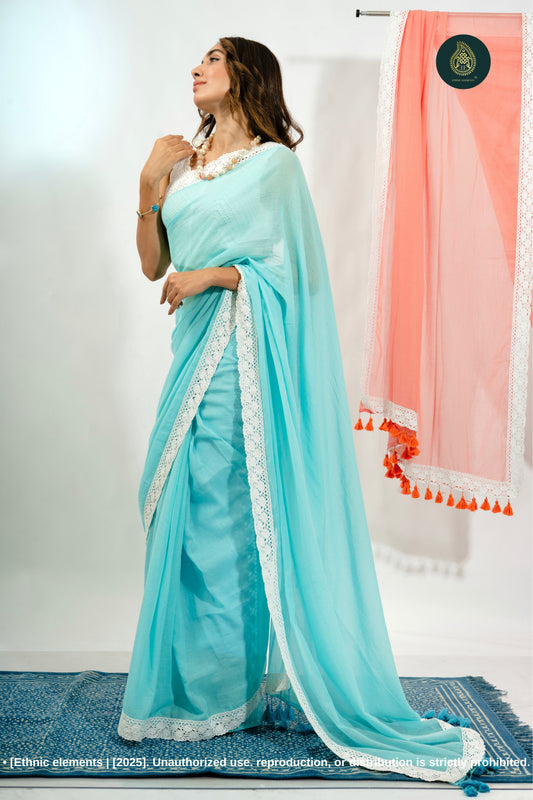 Summer Breeze: Blue Mul Cotton Saree With Crochet Border