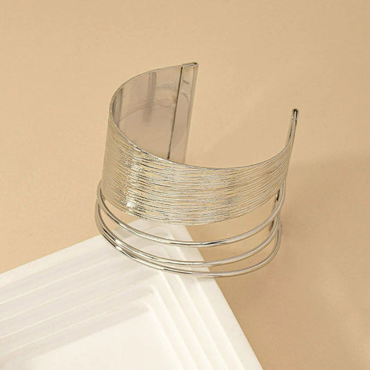 Modern Etched Silver Cuff with Triple Rod Detail Bracelets JLTB0846