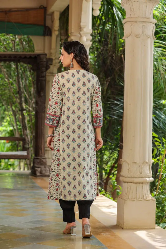 Women Cream Mix & Match Printed Panelled A-line Kurta