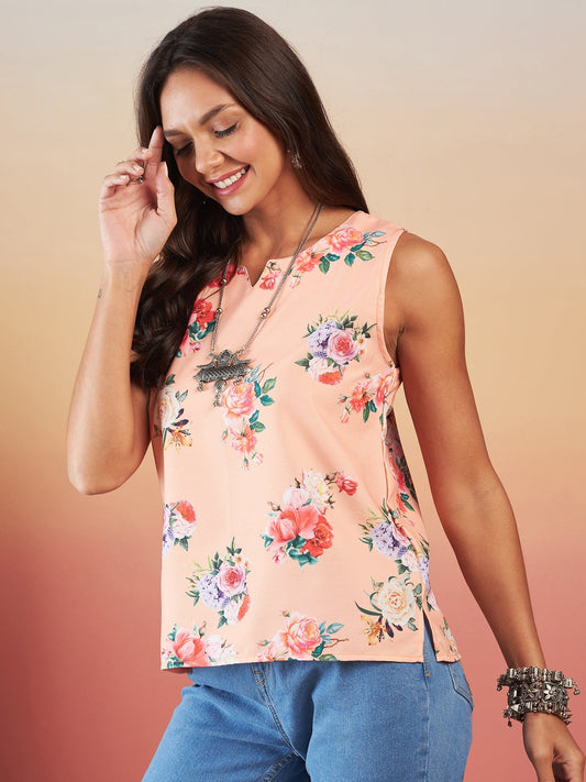 Peach Rose Print Sleeveless Top