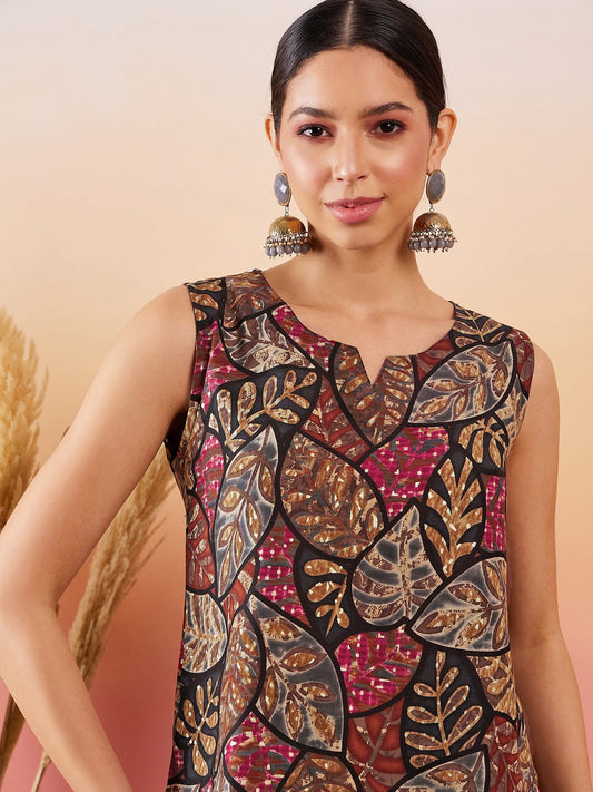 Black Grey Leaf Print Foil Sleeveless Top