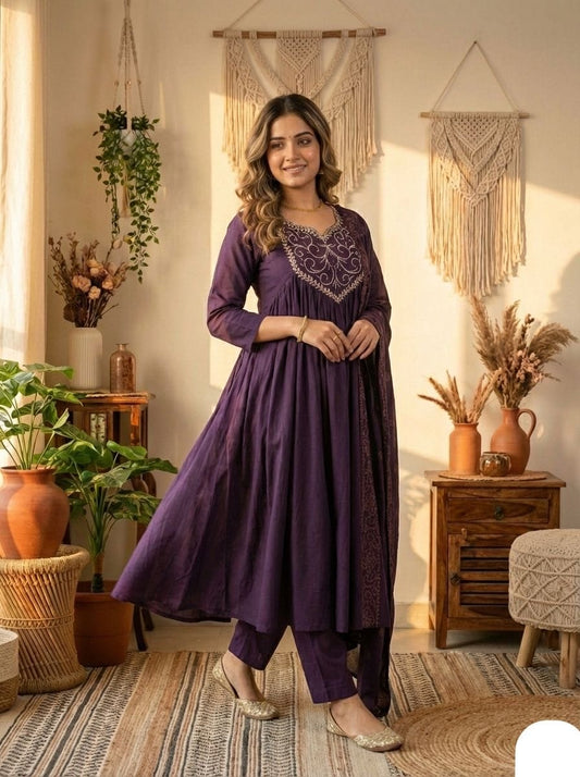 Chanderi Silk Neck Embroidery Work Flair Kurta Pant Dupatta Set (Ready to Wear)