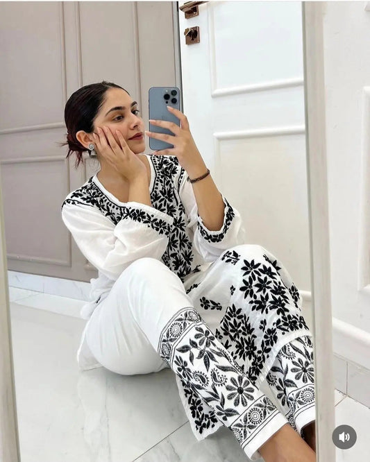 Muslin Chikankari Kurti Pant Set - Premium from Ethenika.com - Just INR 1890! Shop now at Ethenika.com