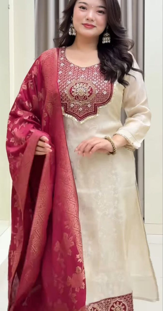 Elegant Ivory Embroidered Kurta Set with Red Floral Dupatta