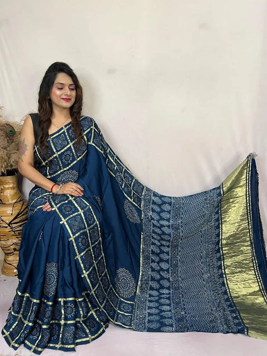 Modal Silk Original Hand Blocked Ajrakh work Lagdi Pallu Saree - Premium from Ethenika.com - Just INR 5990! Shop now at Ethenika.com