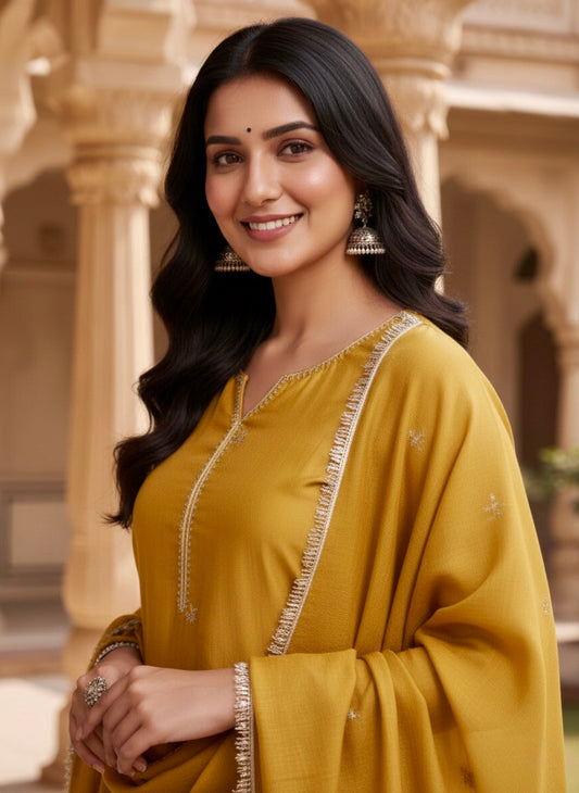 Light Mustard Embroidered Silk Kurta with Dupatta Set | silk kurta set for women | Frontside Half view