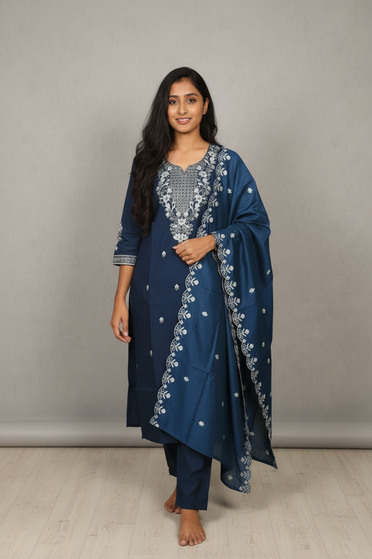 Blue Vichitra Kurti Silk Embroidered 3-Piece Set With A Pure Silk Dupatta For Women & Girls