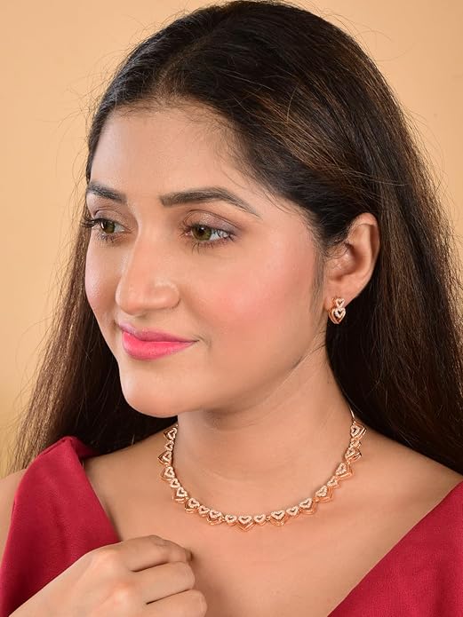 Rose Gold Plated AD Stone Necklace And Pair Of Earrings for Women