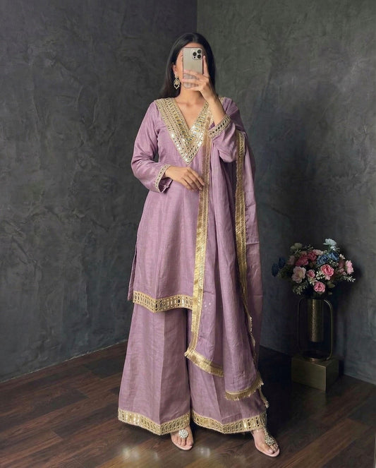 Shimmer Silk Mirror Work 3Pc Designer Kurti Pant Dupatta Set