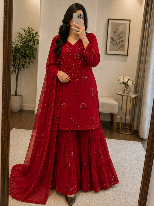 Faux Georgette Chikankari Kurti Sharara Dupatta Set