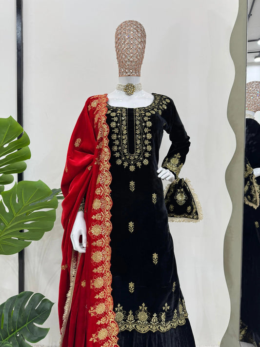 Ethenika Fine Velvet Golden Thread Embroidery work Velvet Kurti Sharara - Premium from Ethenika.com - Just INR 4990! Shop now at Ethenika.com