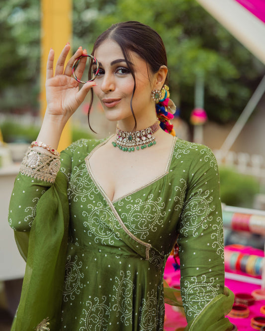 Katha Green Bandhani Chanderi Suit Set