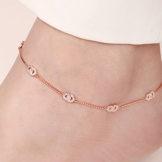 Double Circle CZ Rose Gold Plated 925 Sterling Silver Anklet