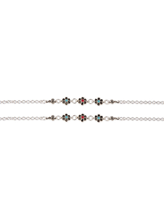 Priyaasi Silver Plated Minimal Anklet Set of 2